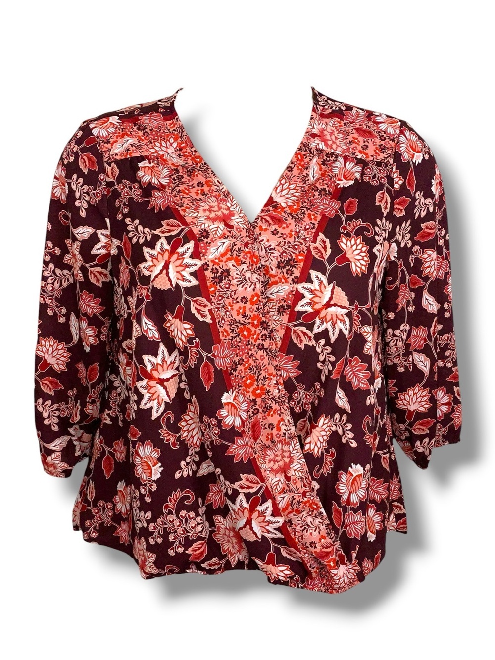 XL Zac And Rachel Blouse Burgundy Red Pink Floral Print 3/4 Sleeve Wrap Look